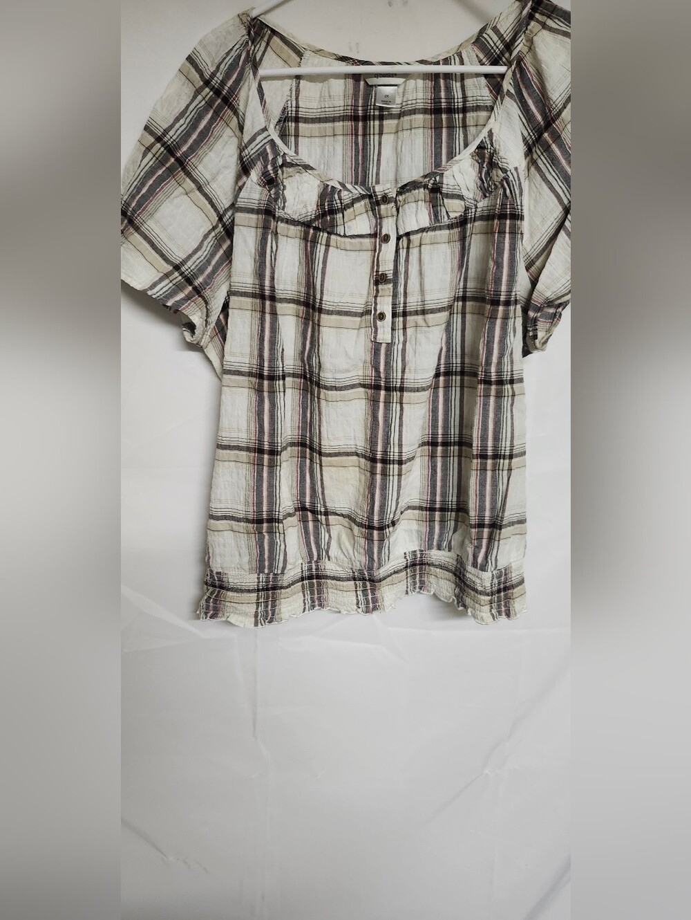 CJ Banks Cream Plaid Button-Front Top with Brown & Black Stripes